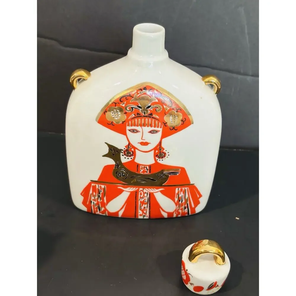 ￼ Vintage USSR Russian Porcelain Decanter Set Woman Holding Bird Rooster 2 Cups